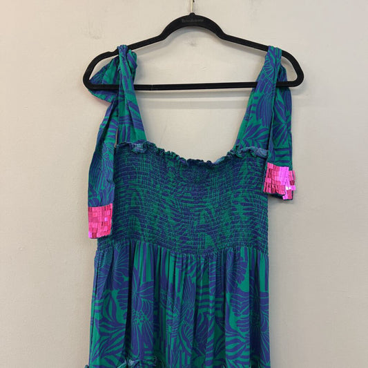 Briton Court Blue/ Green Print Smocked Top Maxi Dress Extra Small