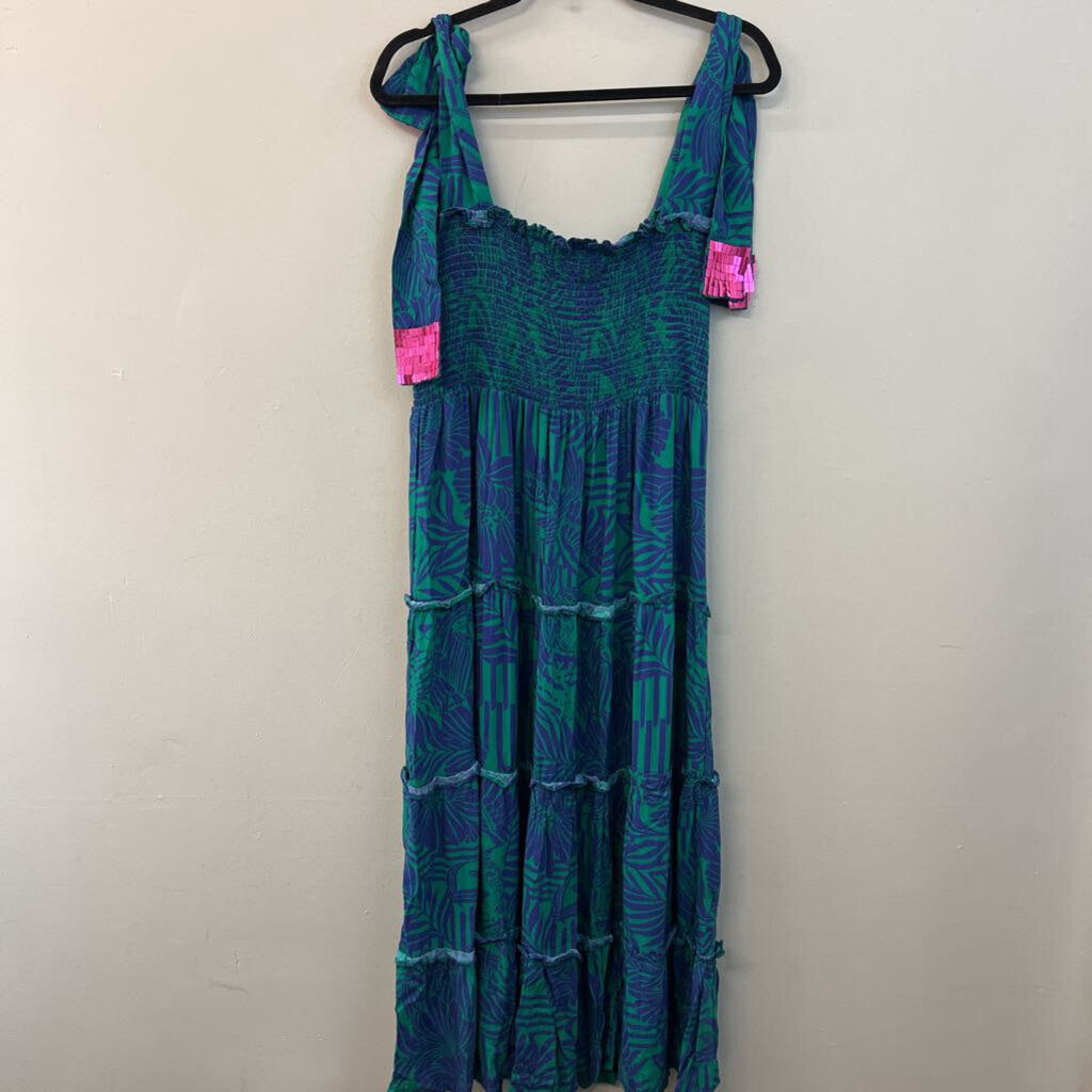 Briton Court Blue/ Green Print Smocked Top Maxi Dress Extra Small