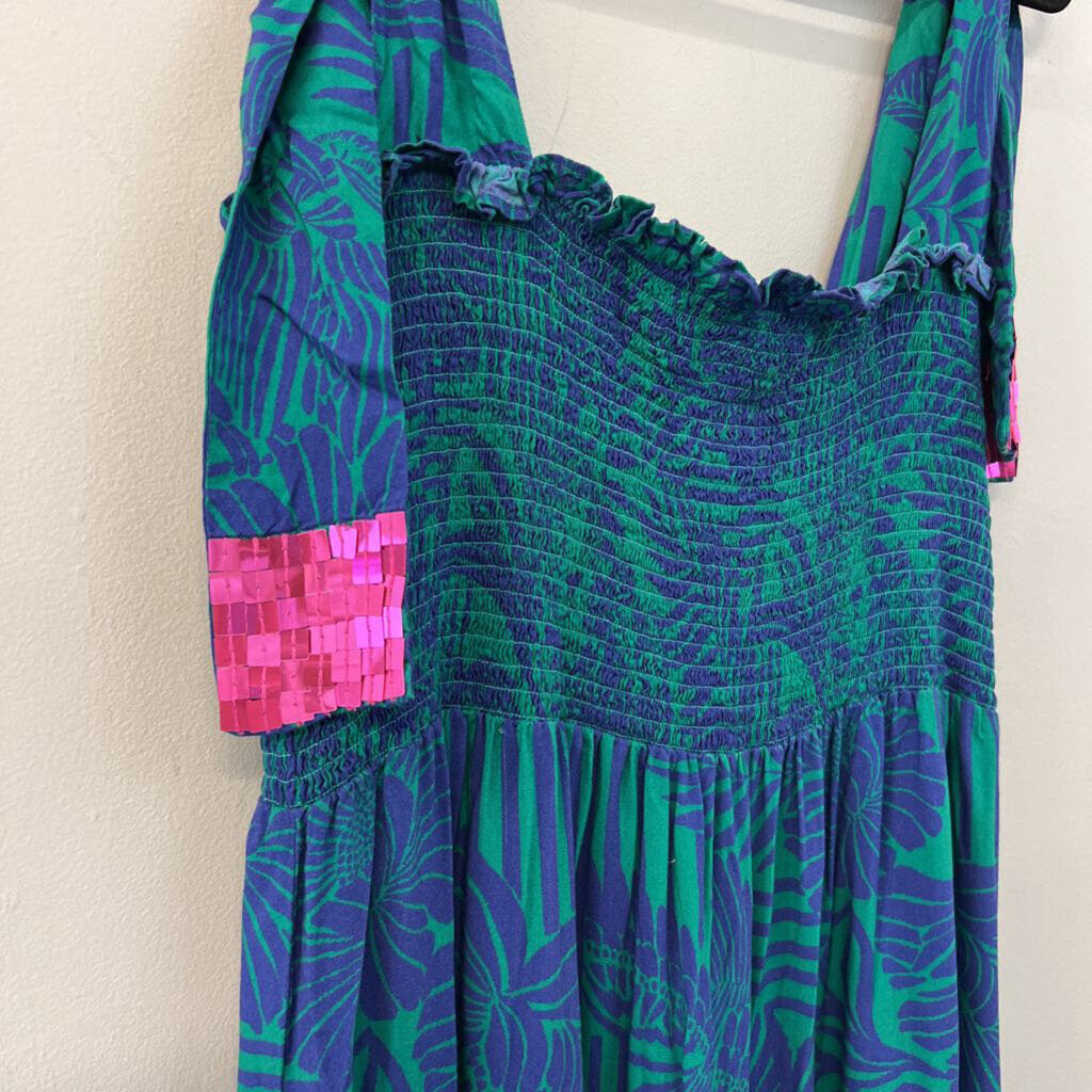 Briton Court Blue/ Green Print Smocked Top Maxi Dress Extra Small
