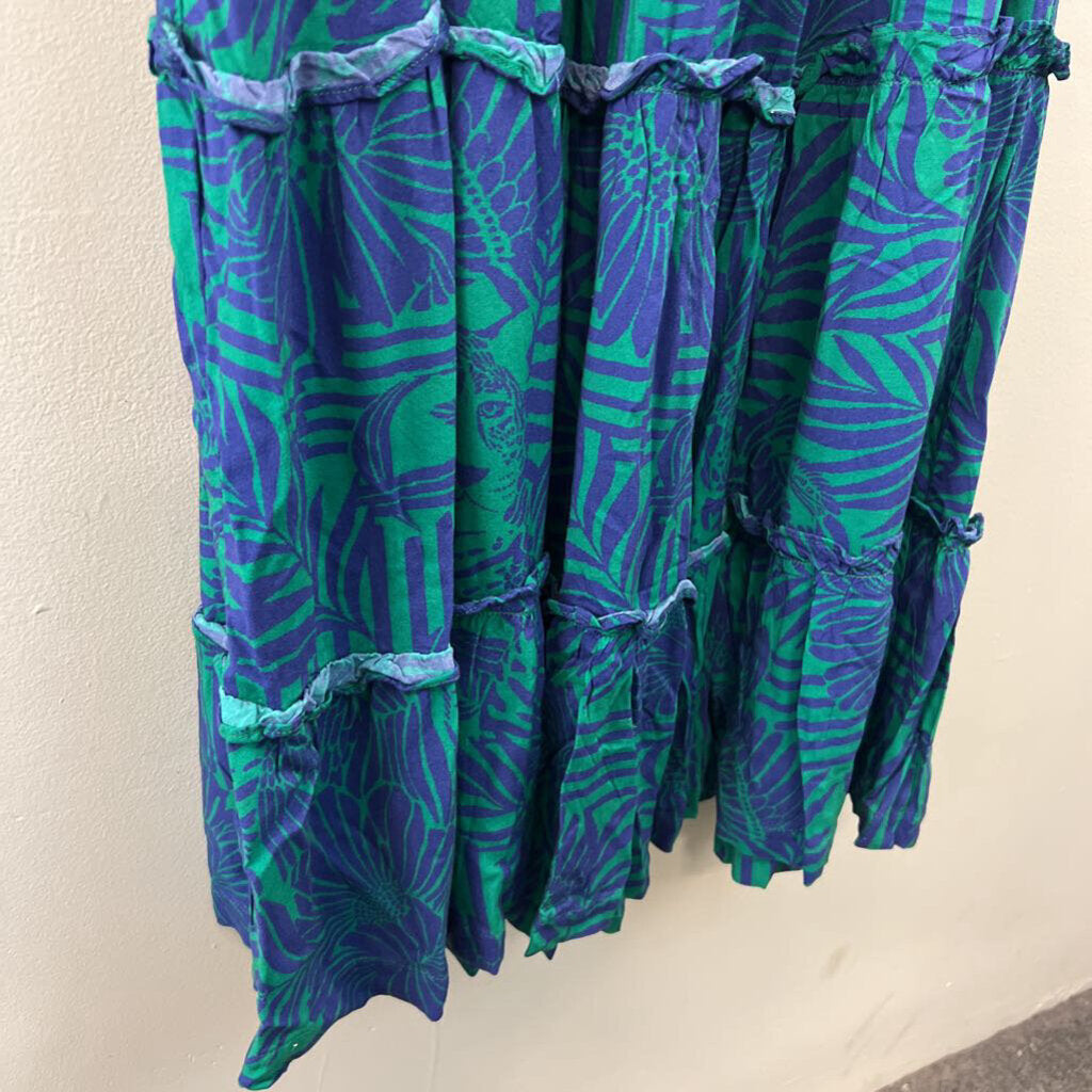 Briton Court Blue/ Green Print Smocked Top Maxi Dress Extra Small