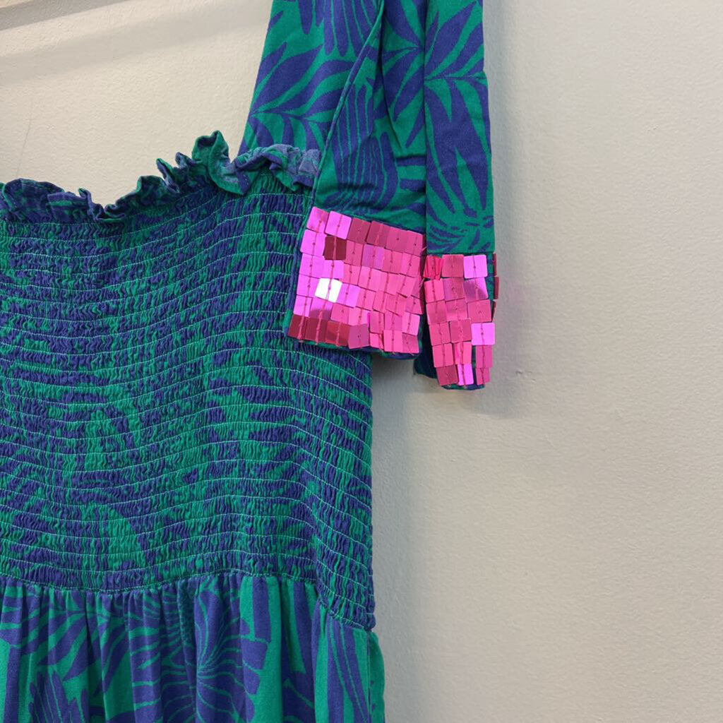 Briton Court Blue/ Green Print Smocked Top Maxi Dress Extra Small