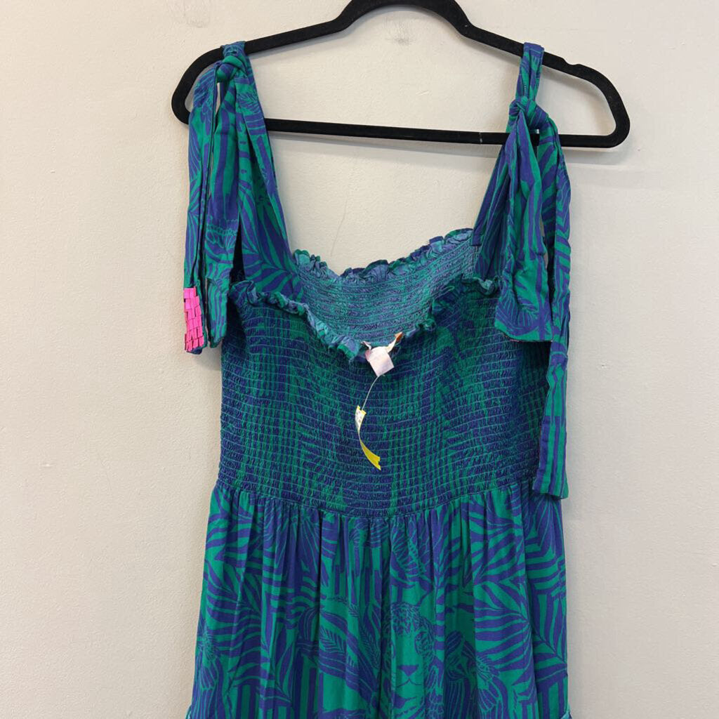 Briton Court Blue/ Green Print Smocked Top Maxi Dress Extra Small
