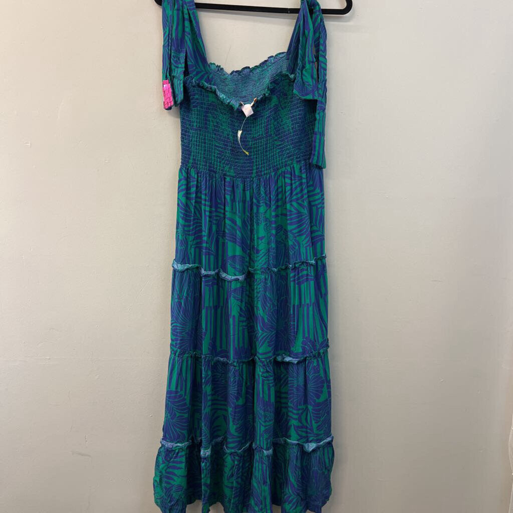 Briton Court Blue/ Green Print Smocked Top Maxi Dress Extra Small