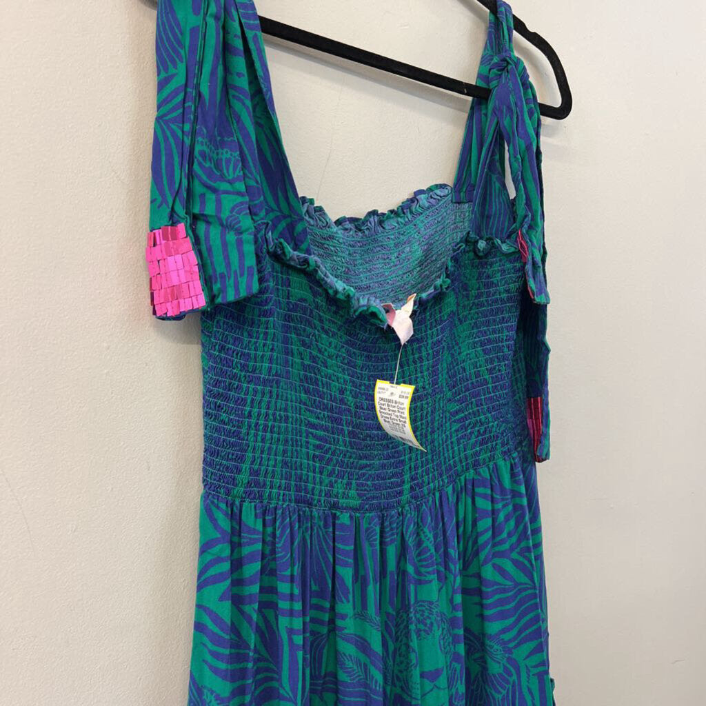Briton Court Blue/ Green Print Smocked Top Maxi Dress Extra Small