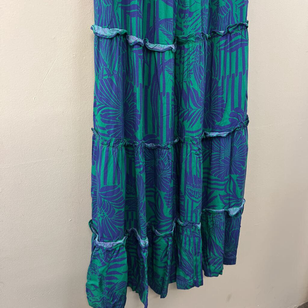 Briton Court Blue/ Green Print Smocked Top Maxi Dress Extra Small