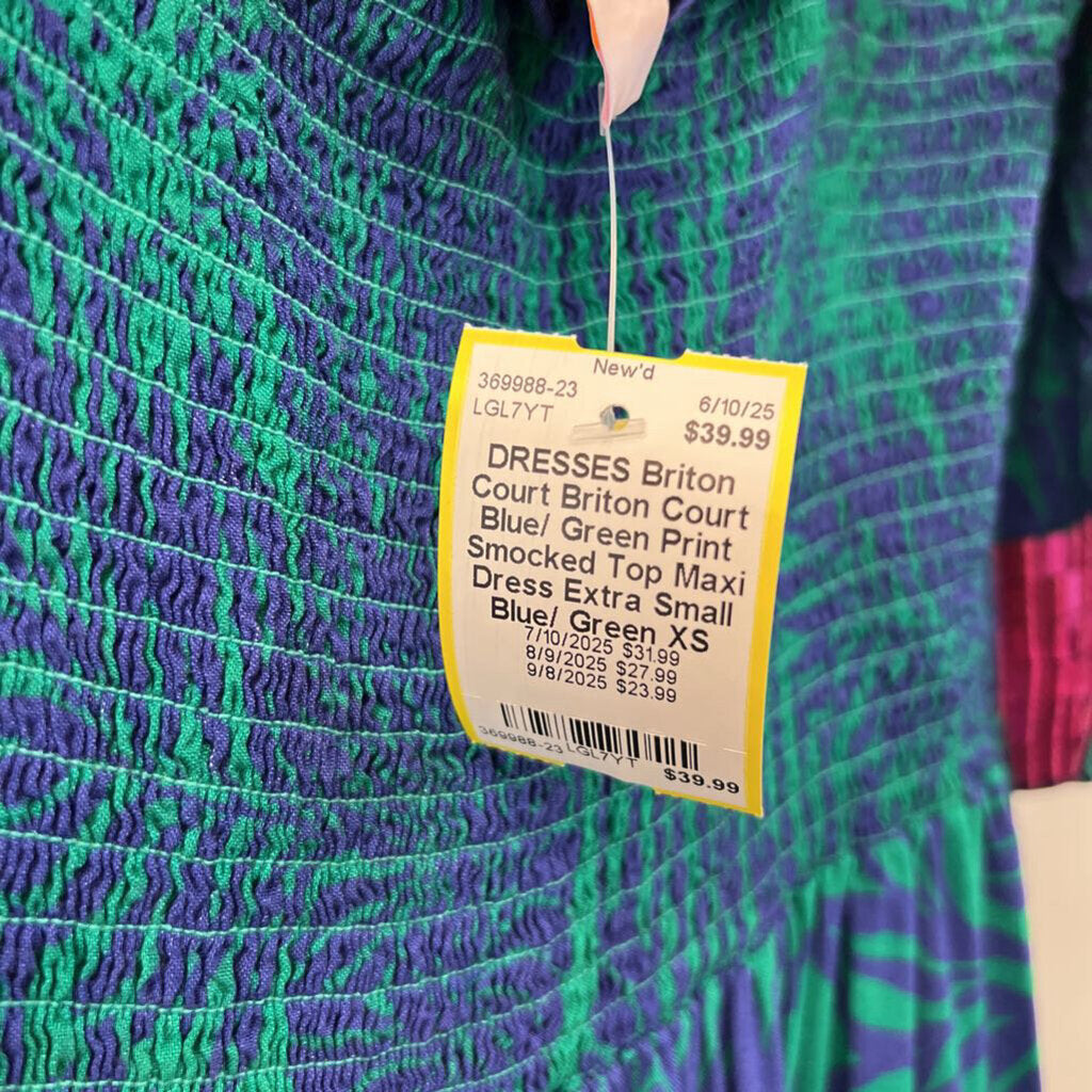 Briton Court Blue/ Green Print Smocked Top Maxi Dress Extra Small