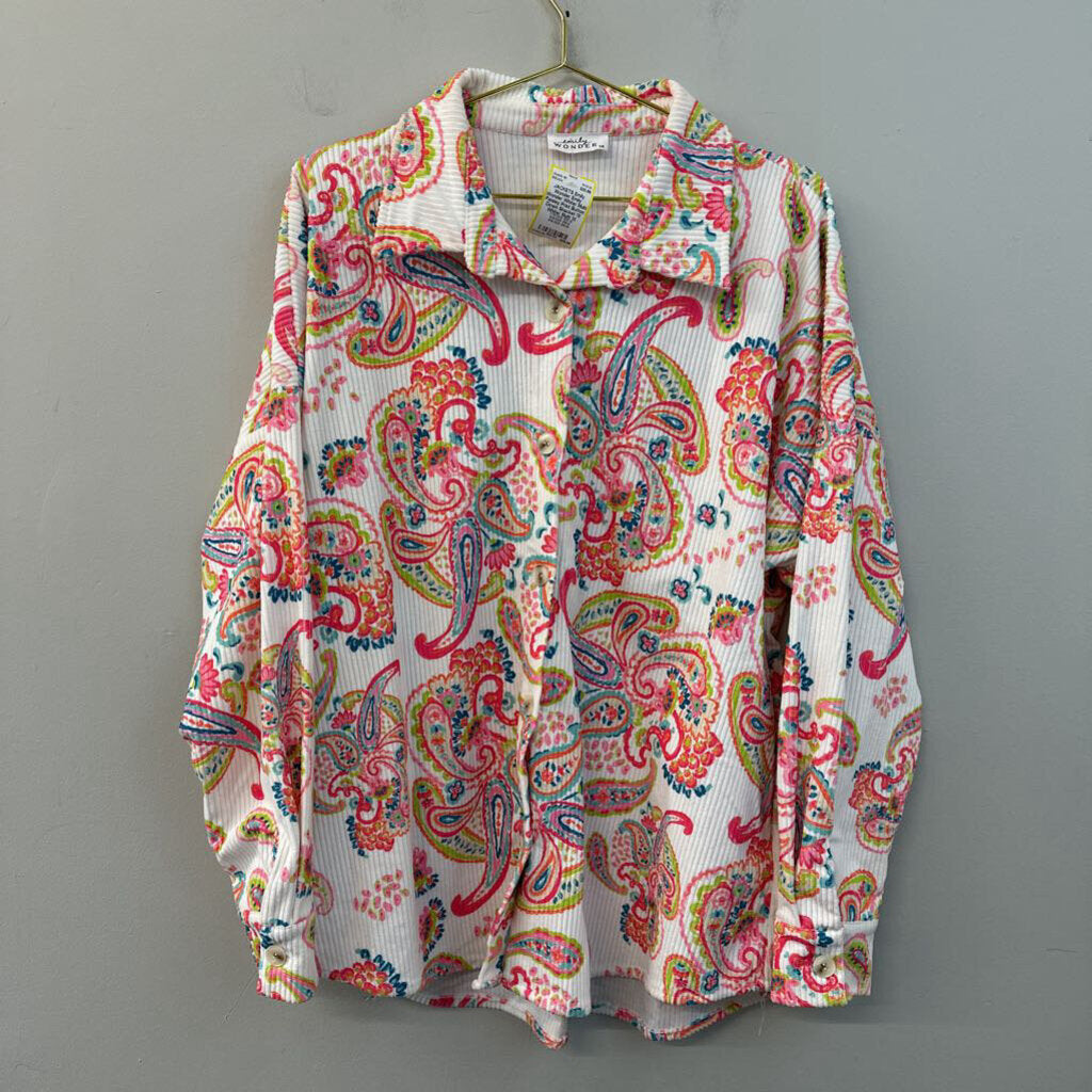 Emily Wonder White/ Multi Paisley Print Button Down Shacket 1X