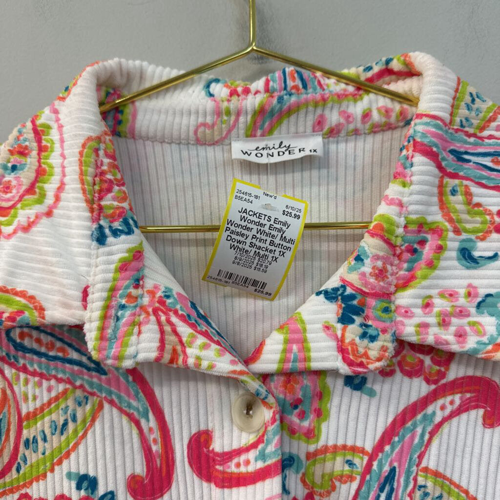 Emily Wonder White/ Multi Paisley Print Button Down Shacket 1X