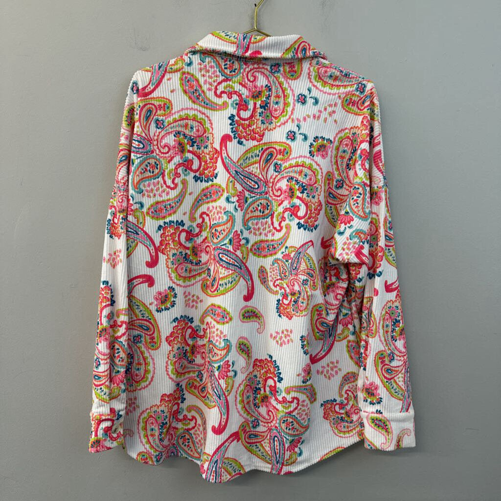 Emily Wonder White/ Multi Paisley Print Button Down Shacket 1X