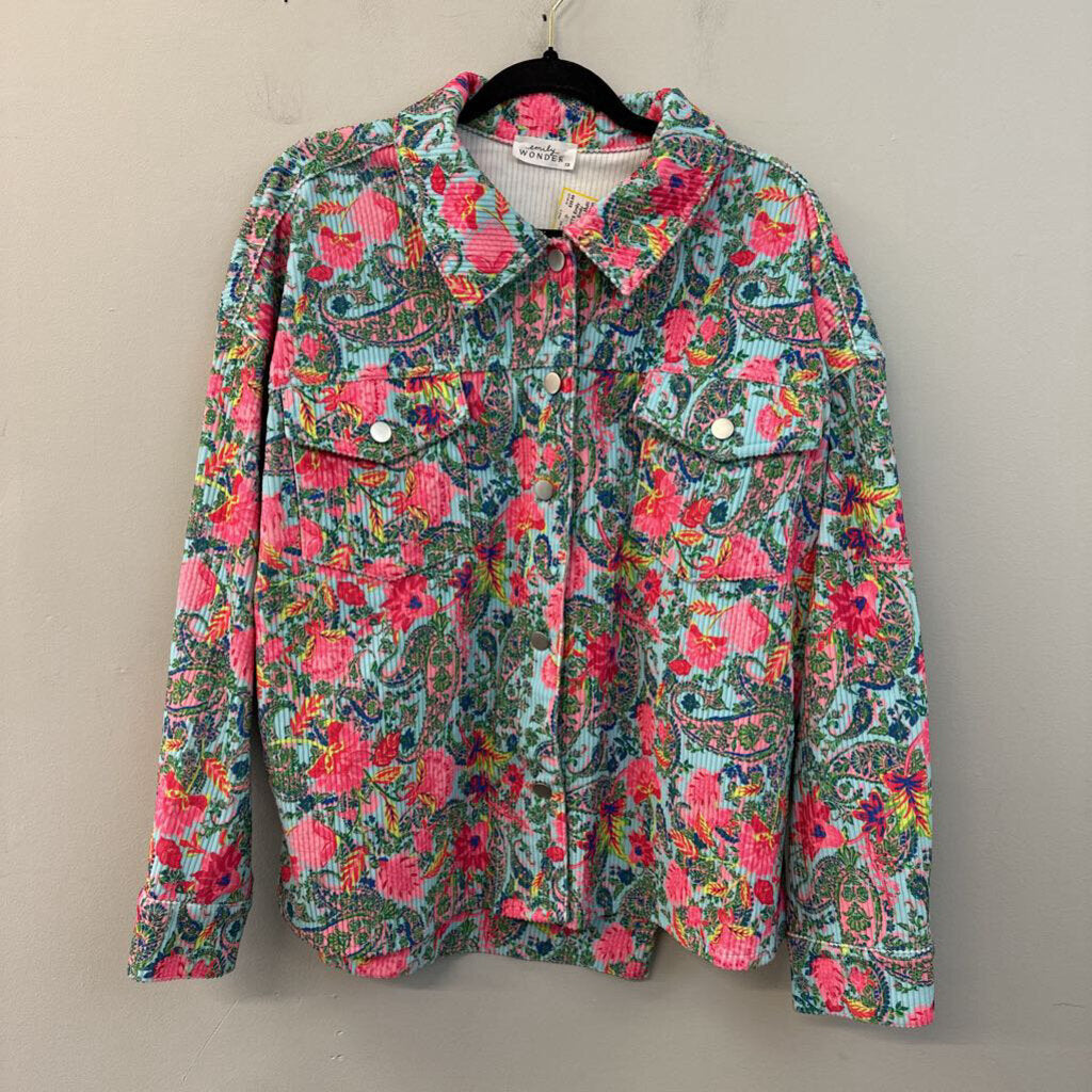 Emily Wonder Blue/ Multi Paisley Print Button Down Shacket 1X