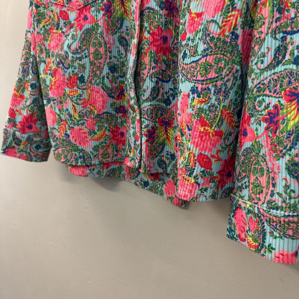 Emily Wonder Blue/ Multi Paisley Print Button Down Shacket 1X