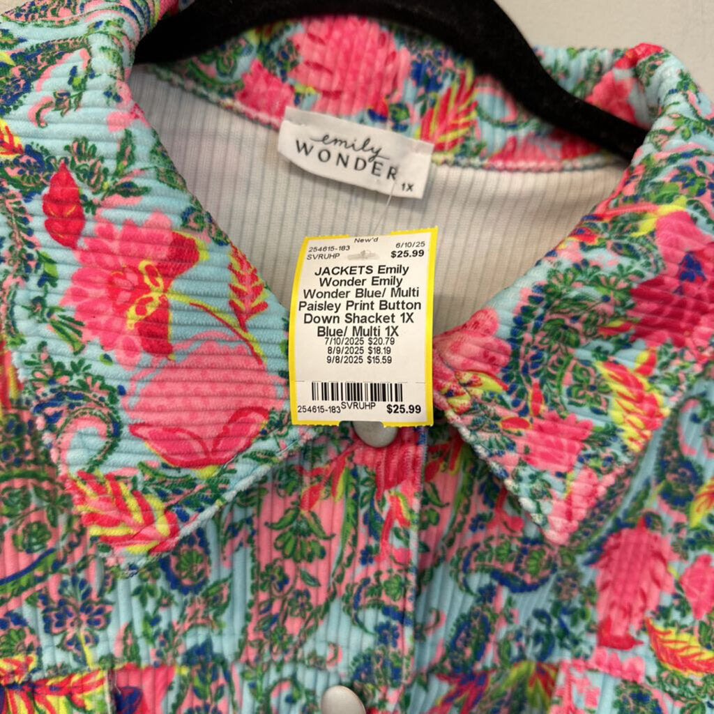 Emily Wonder Blue/ Multi Paisley Print Button Down Shacket 1X