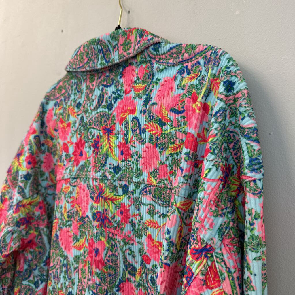 Emily Wonder Blue/ Multi Paisley Print Button Down Shacket 1X