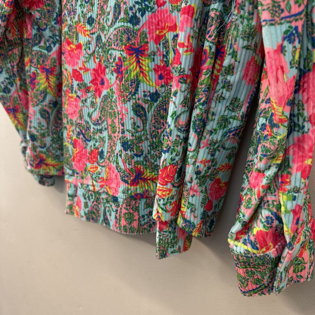 Emily Wonder Blue/ Multi Paisley Print Button Down Shacket 1X