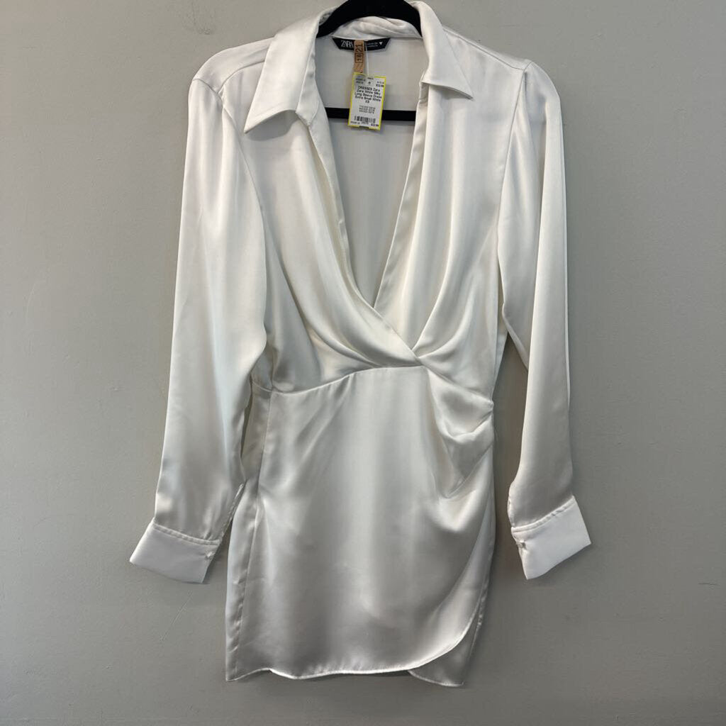 Zara White Silky Long Sleeve Dress Extra Small