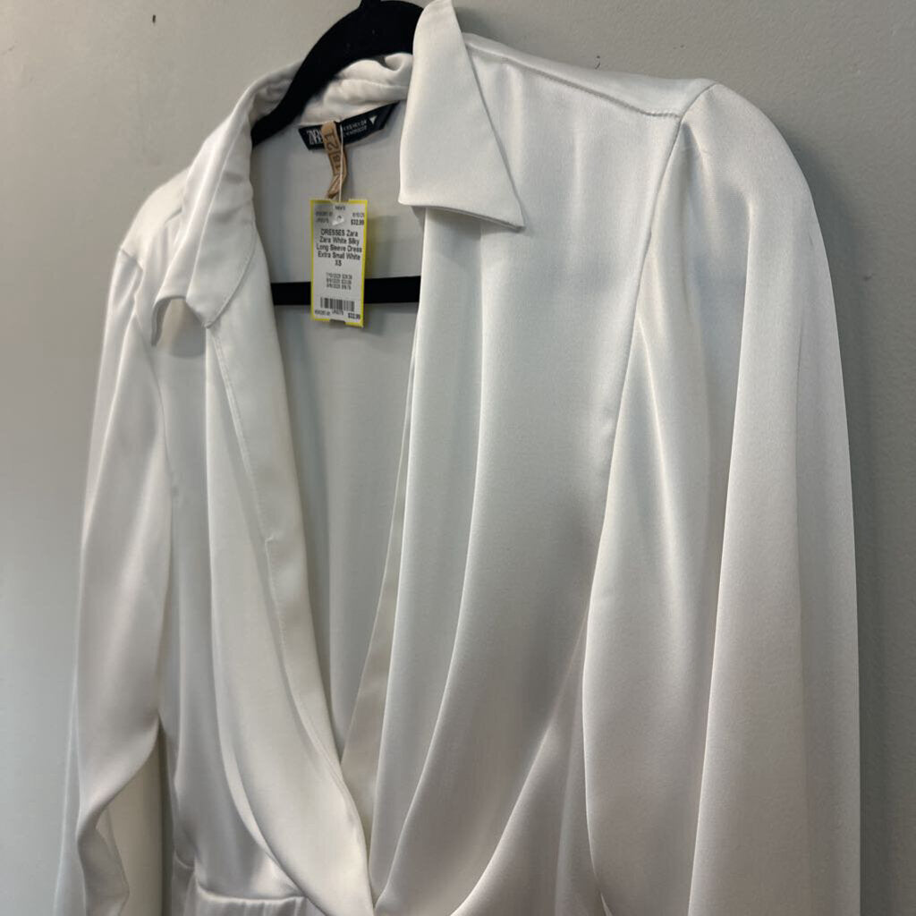Zara White Silky Long Sleeve Dress Extra Small