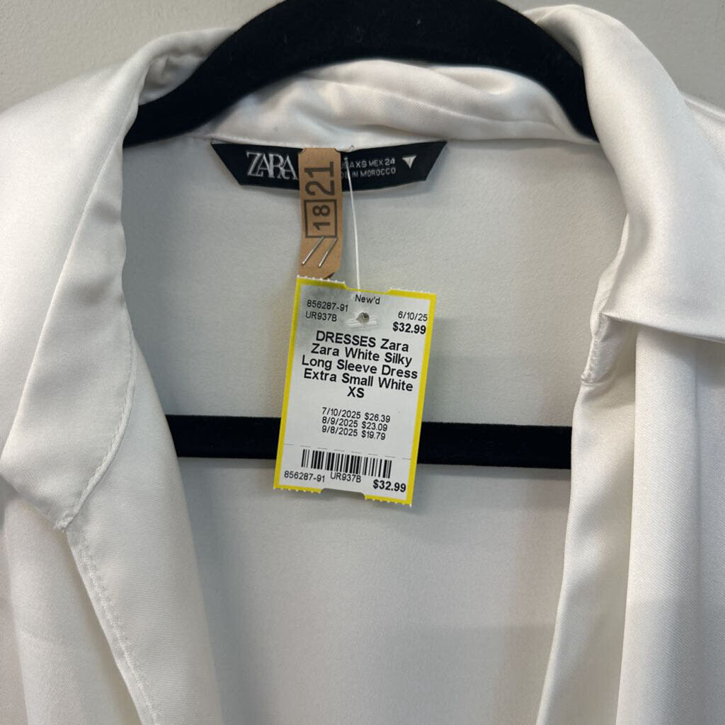 Zara White Silky Long Sleeve Dress Extra Small