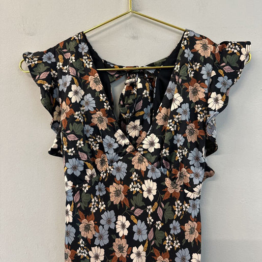 Altar'd State Black/Brown/Blue Floral Satin Dress Extra Small