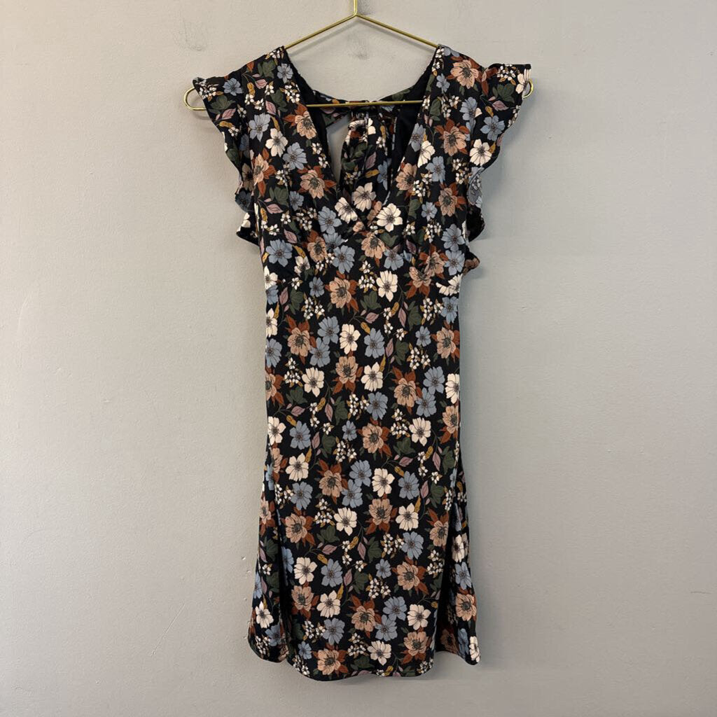 Altar'd State Black/Brown/Blue Floral Satin Dress Extra Small