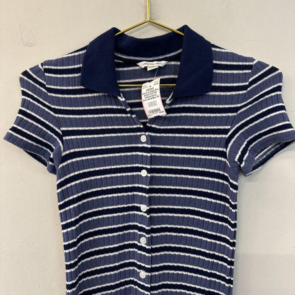 Blue Striped Knit Midi Collared Dress Extra Small