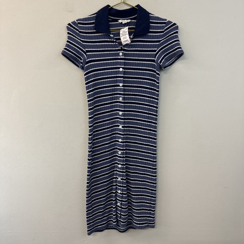 Blue Striped Knit Midi Collared Dress Extra Small