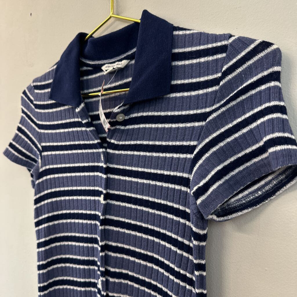 Blue Striped Knit Midi Collared Dress Extra Small