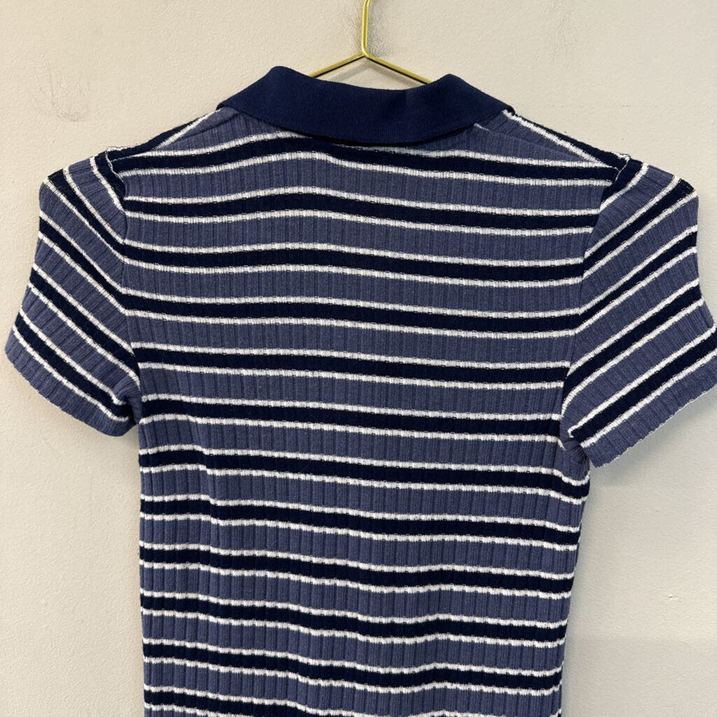 Blue Striped Knit Midi Collared Dress Extra Small