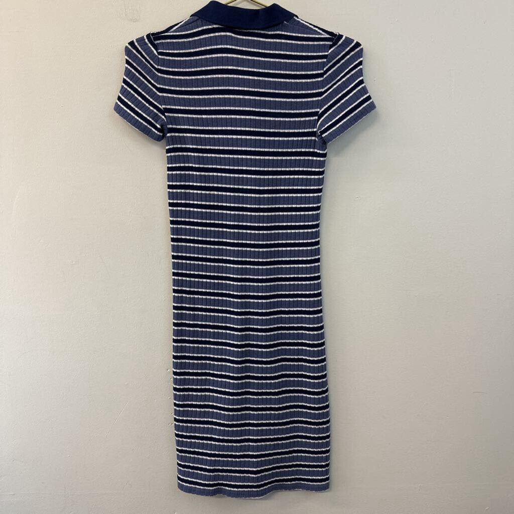 Blue Striped Knit Midi Collared Dress Extra Small