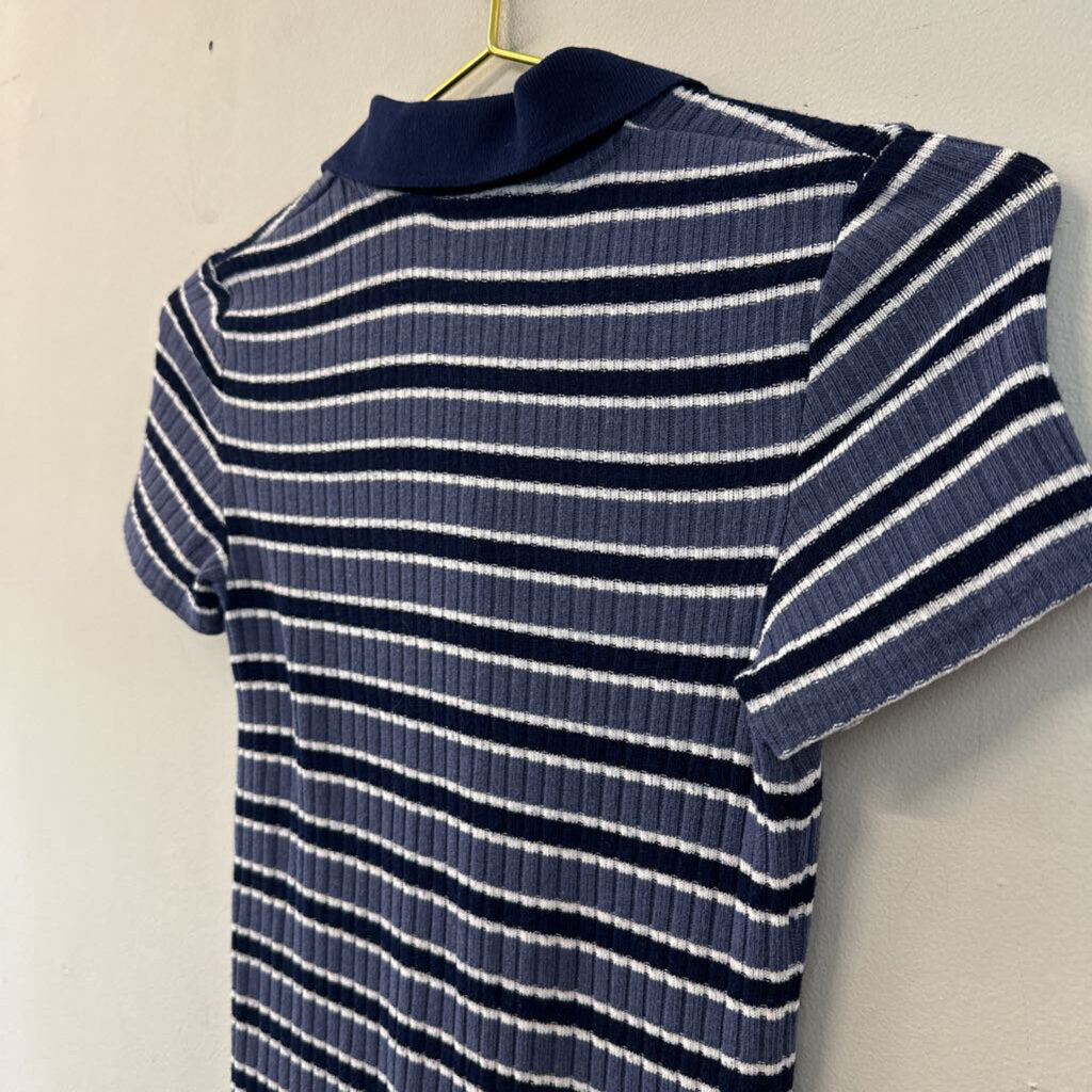 Blue Striped Knit Midi Collared Dress Extra Small