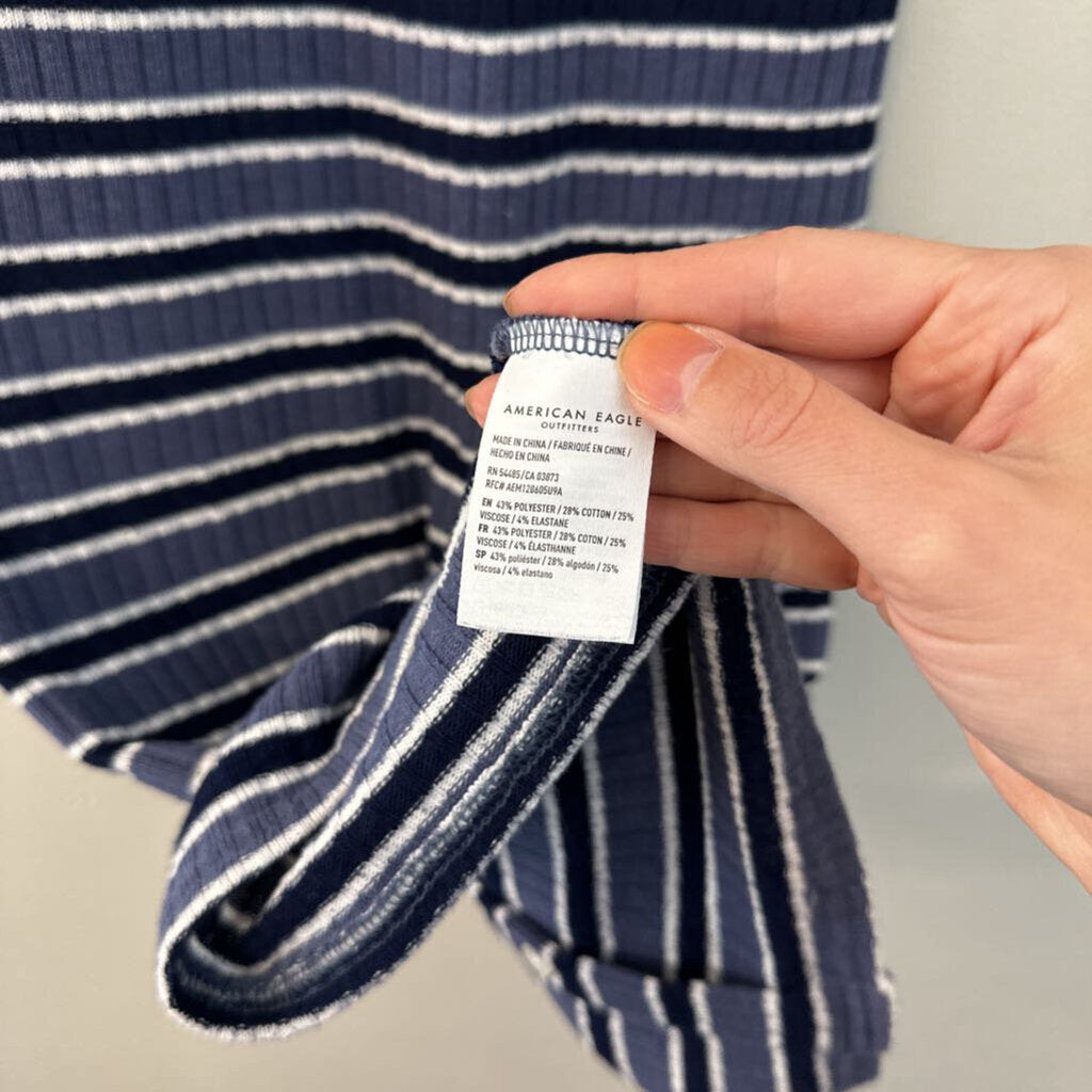 Blue Striped Knit Midi Collared Dress Extra Small