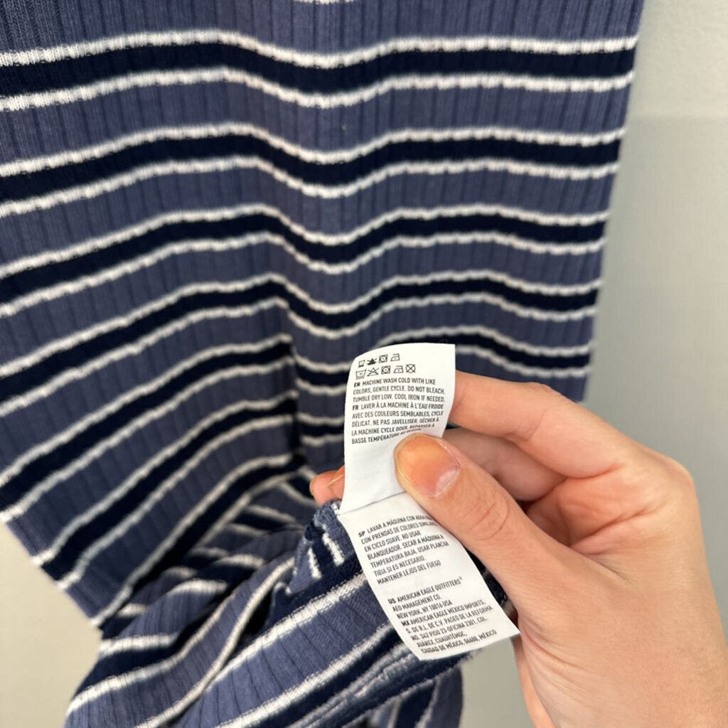 Blue Striped Knit Midi Collared Dress Extra Small