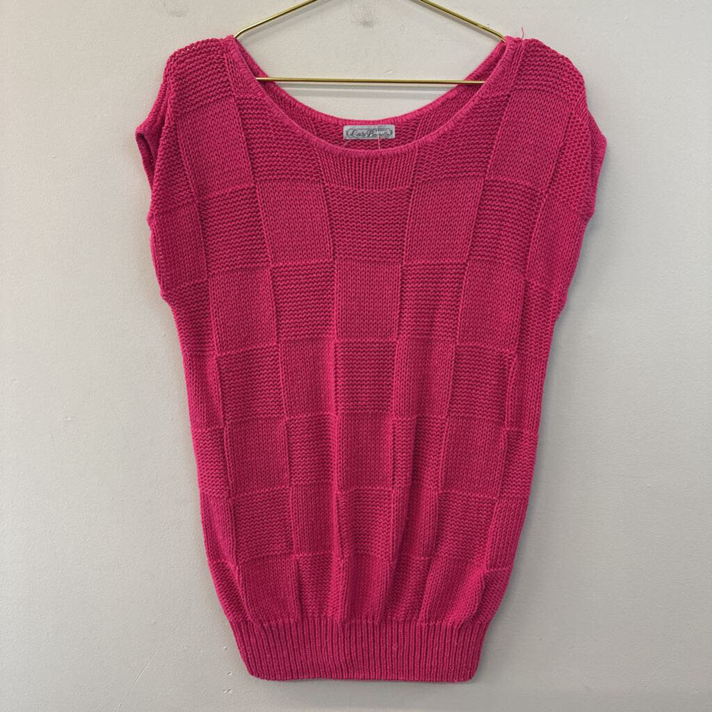Vintage Lady Barnett Hot Pink Checkered Short Sleeve Sweater Top Small