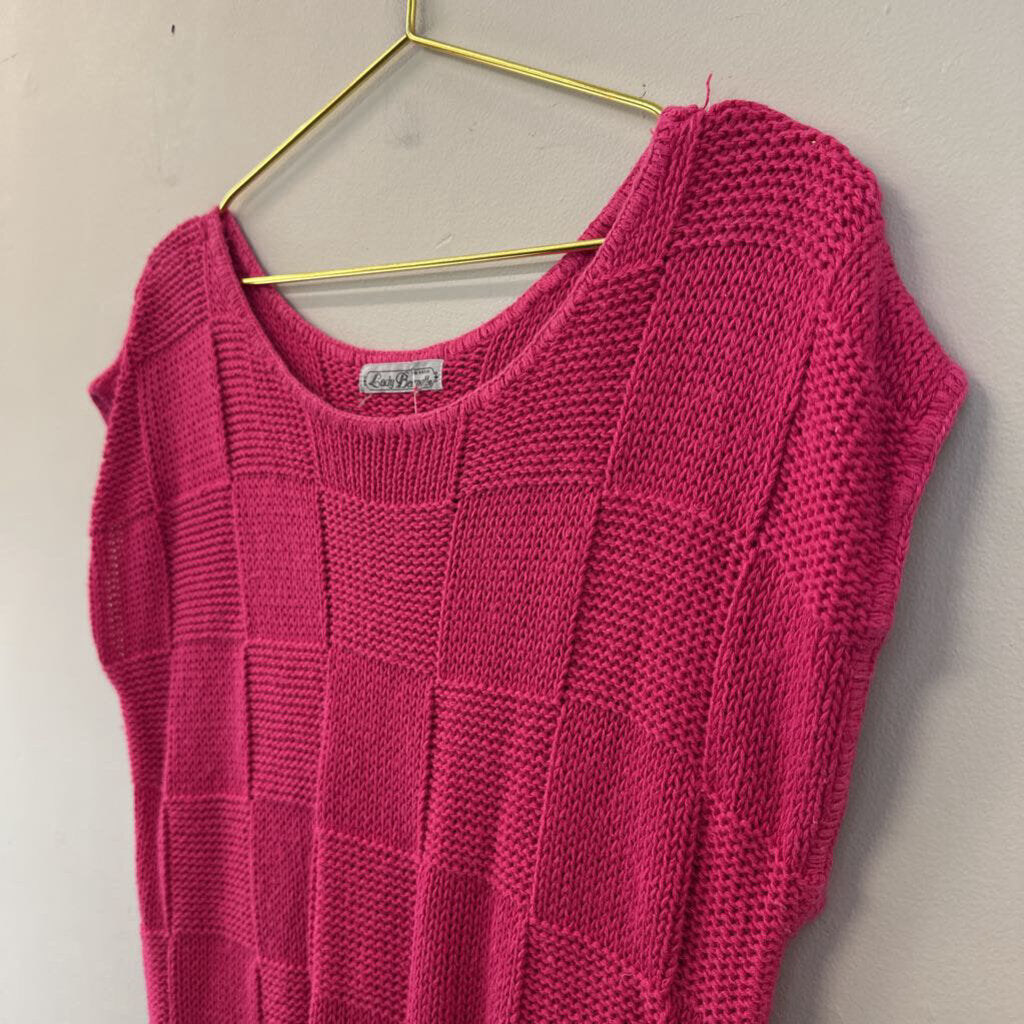 Vintage Lady Barnett Hot Pink Checkered Short Sleeve Sweater Top Small