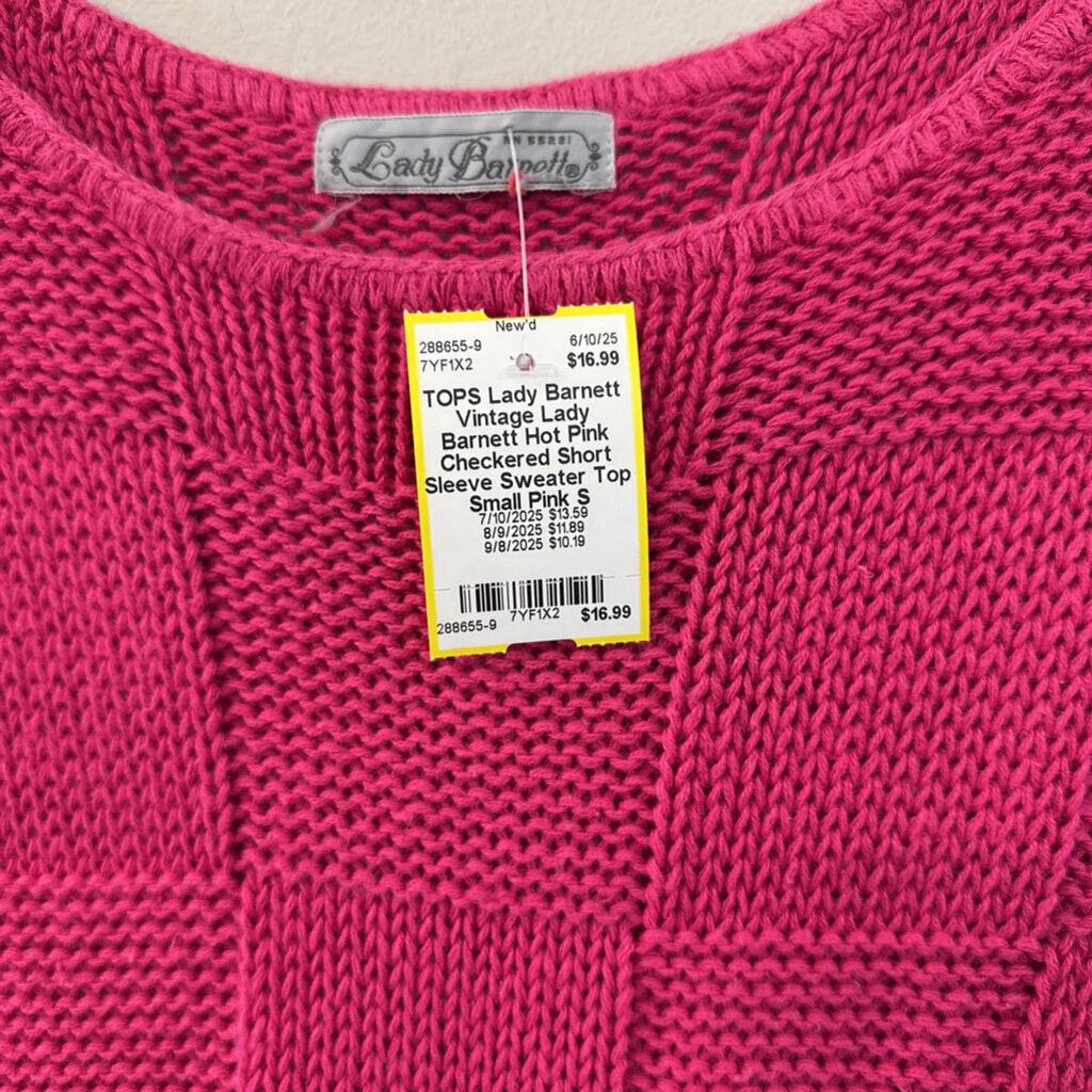 Vintage Lady Barnett Hot Pink Checkered Short Sleeve Sweater Top Small