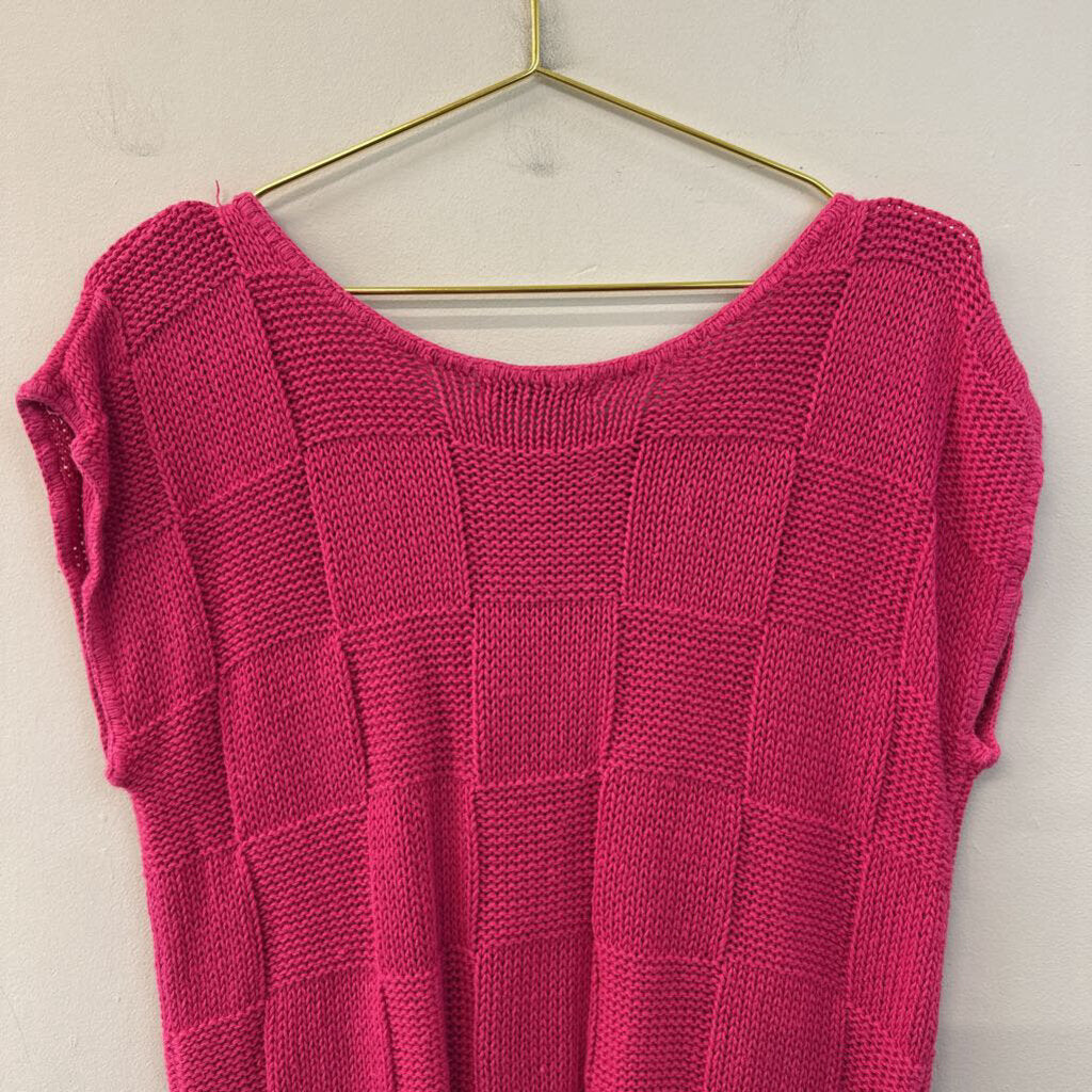 Vintage Lady Barnett Hot Pink Checkered Short Sleeve Sweater Top Small