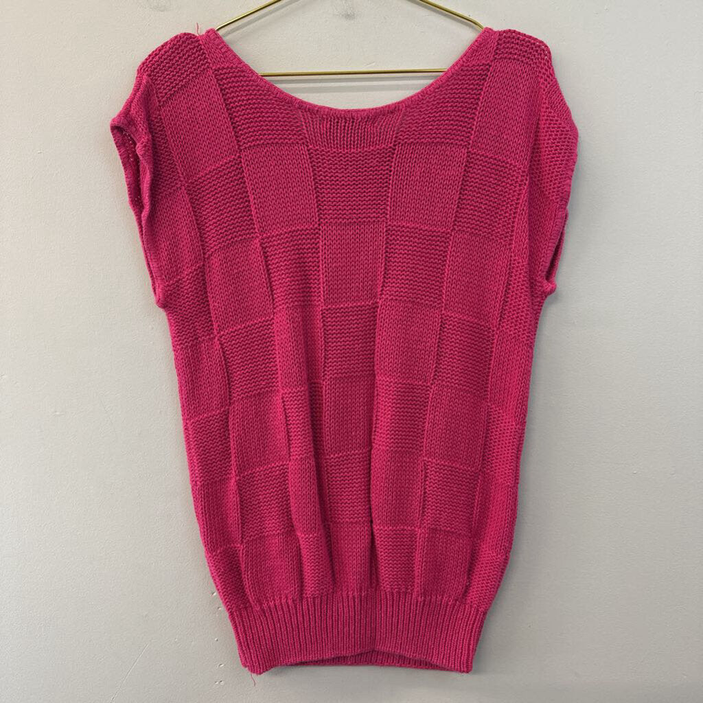 Vintage Lady Barnett Hot Pink Checkered Short Sleeve Sweater Top Small