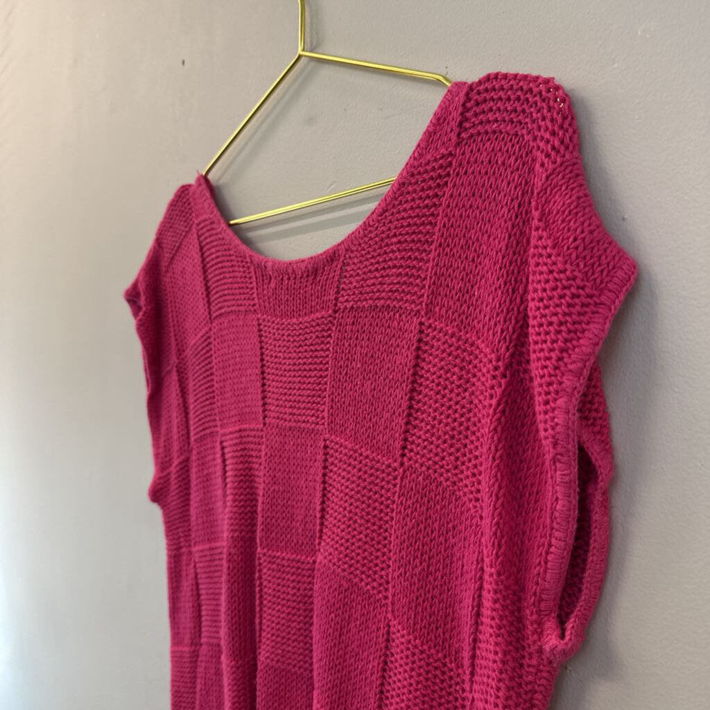 Vintage Lady Barnett Hot Pink Checkered Short Sleeve Sweater Top Small
