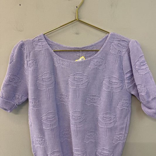 Vintage Purple Knit Flower Print Short Sleeve Sweater Top Small