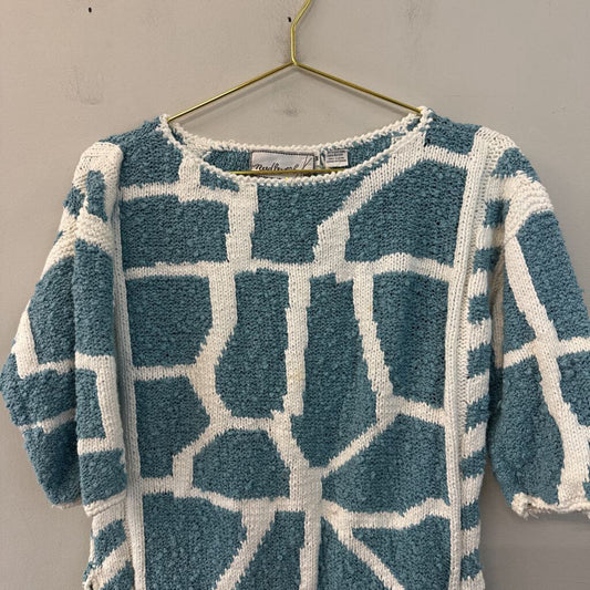 Vintage Needle Works Blue/ White Print Short Sleeve Sweater Top Medium