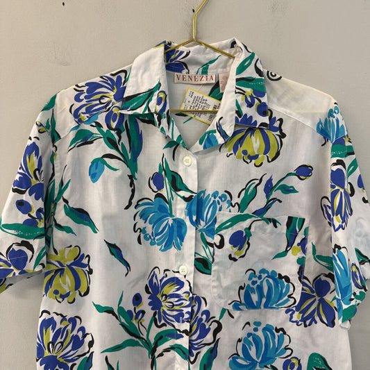 Vintage Venezia White/ Blue Print Short Sleeve Button Down Top 14/16