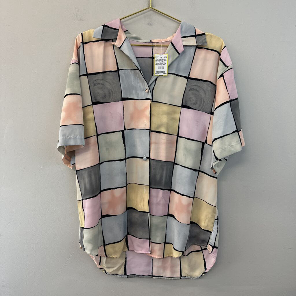 Vintage Grey/ Multi Print Short Sleeve Button Down Top Large