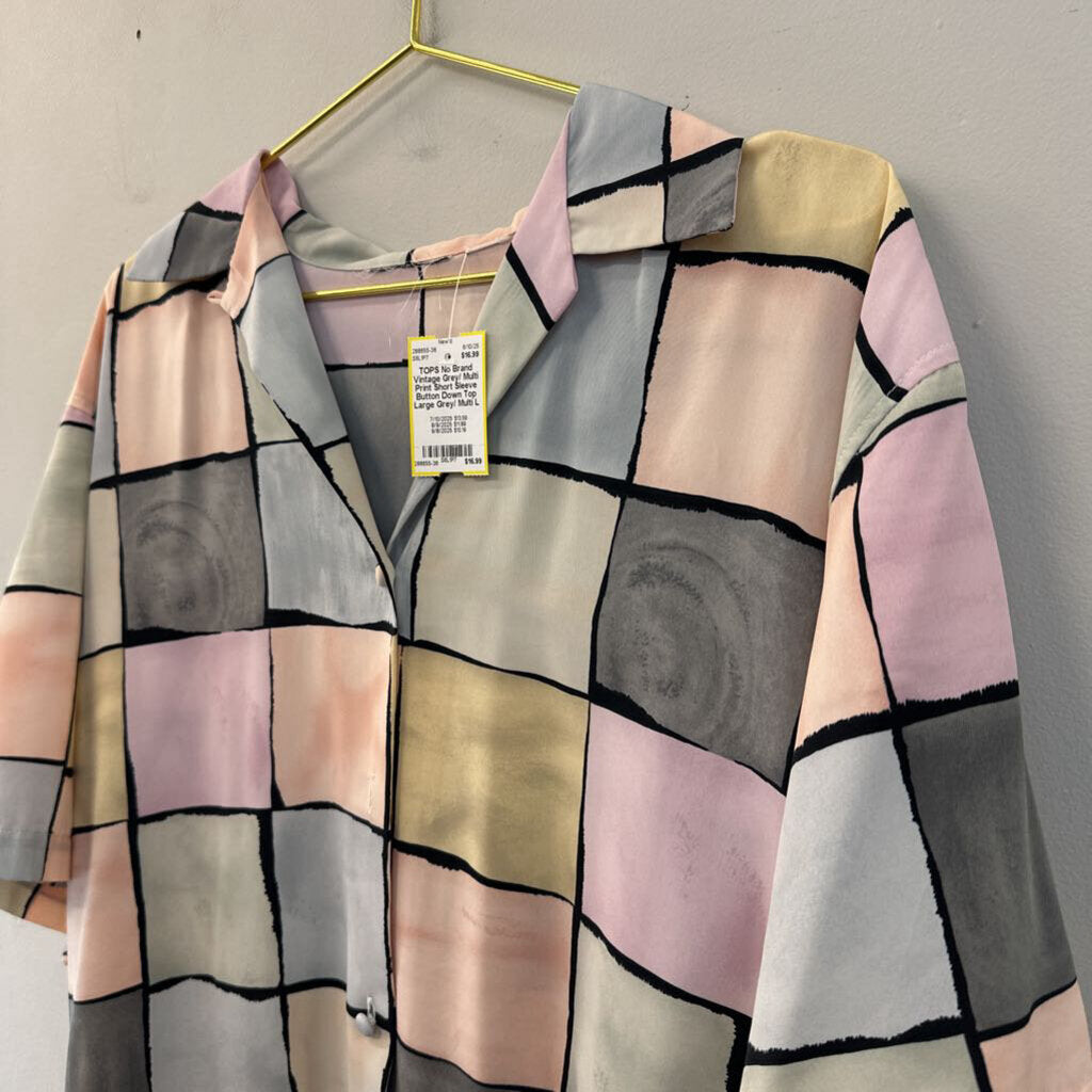 Vintage Grey/ Multi Print Short Sleeve Button Down Top Large