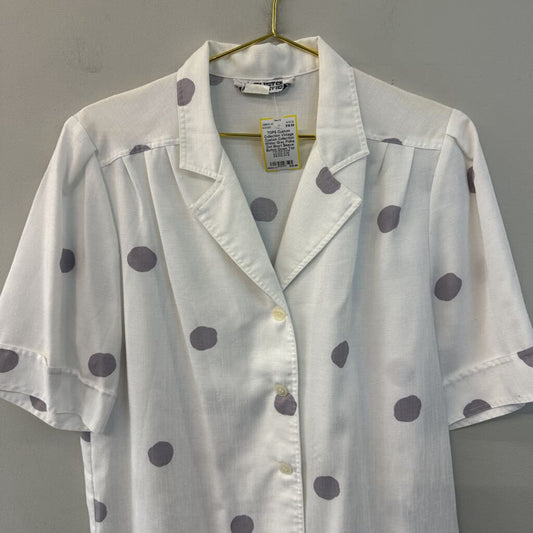 Vintage Custom Collection White/ Grey Polka Dot Short Sleeve Button Down Top Medium
