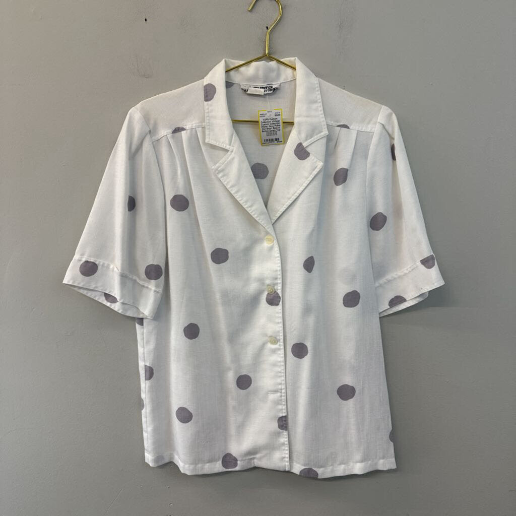 Vintage Custom Collection White/ Grey Polka Dot Short Sleeve Button Down Top Medium