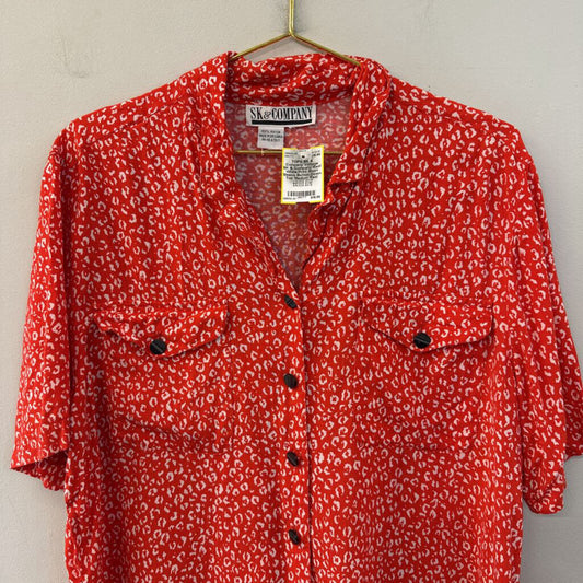 Vintage SK & Company Red/ White Print Short Sleeve Button Down Top Medium