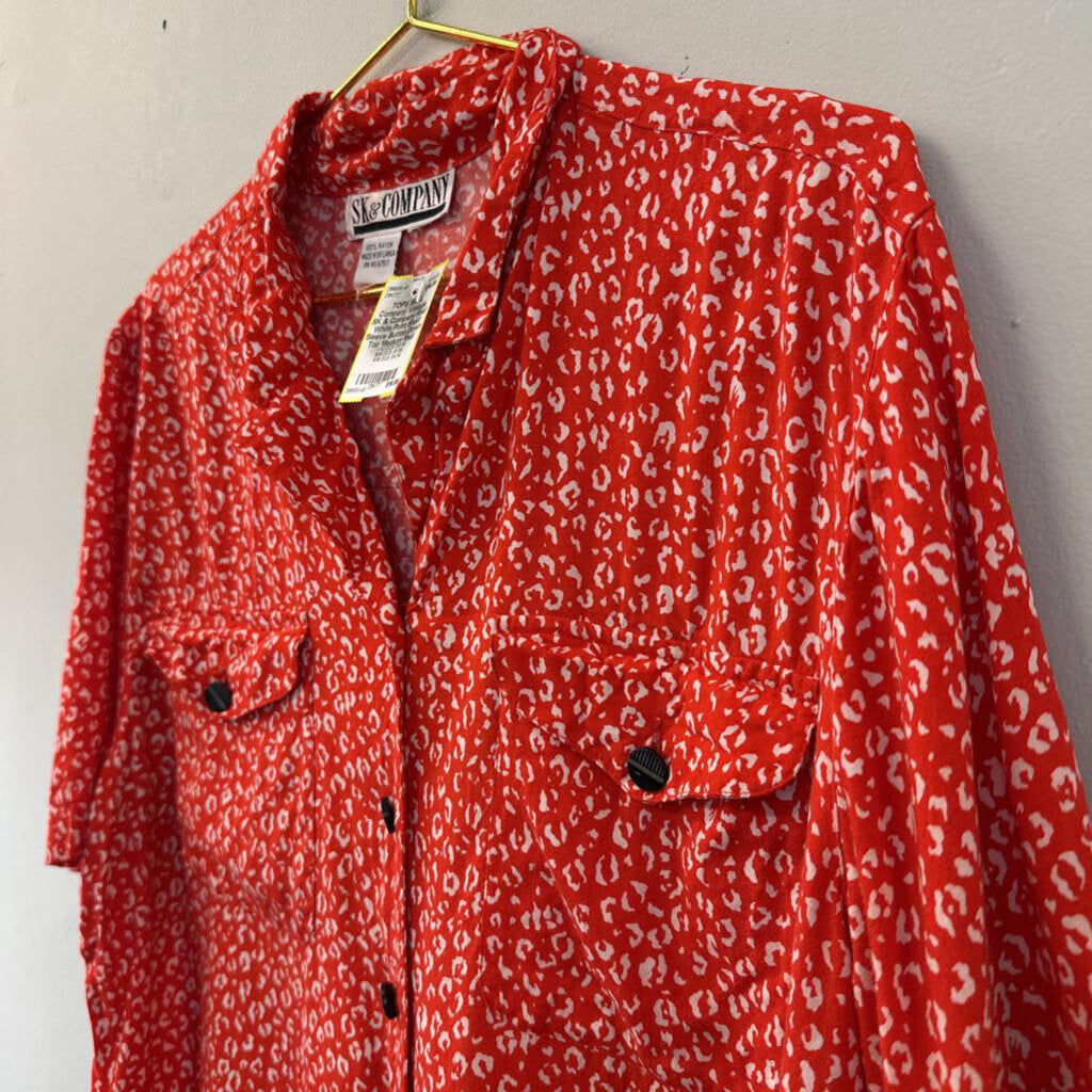 Vintage SK & Company Red/ White Print Short Sleeve Button Down Top Medium