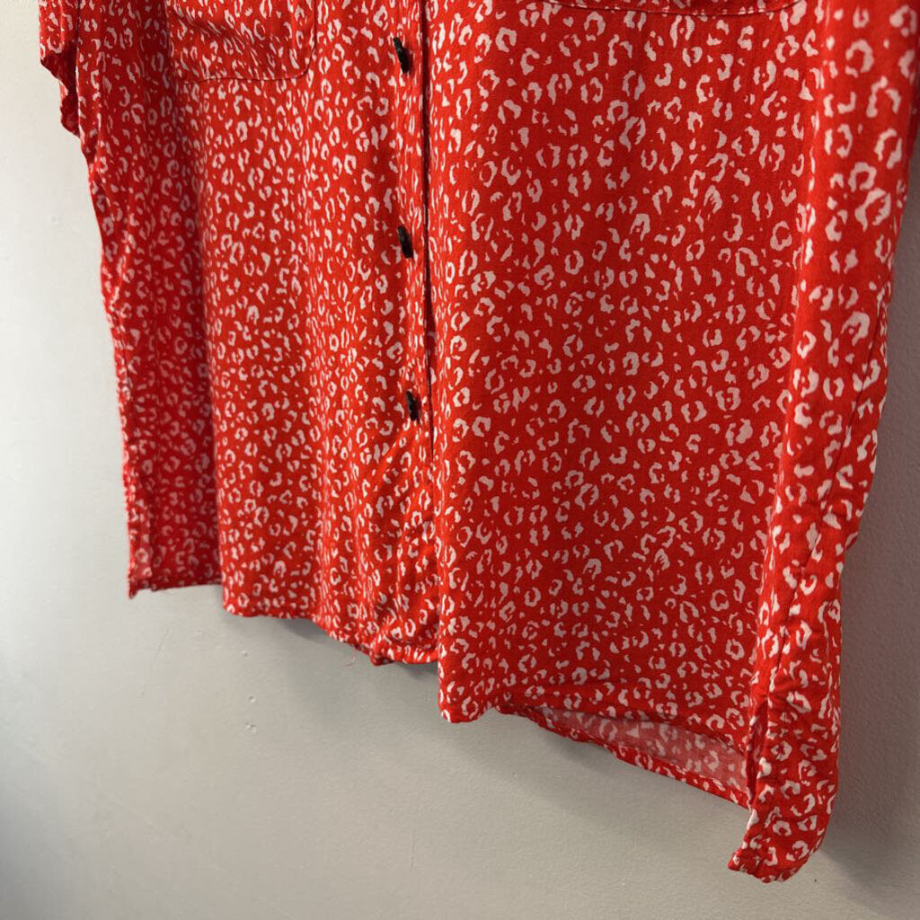 Vintage SK & Company Red/ White Print Short Sleeve Button Down Top Medium