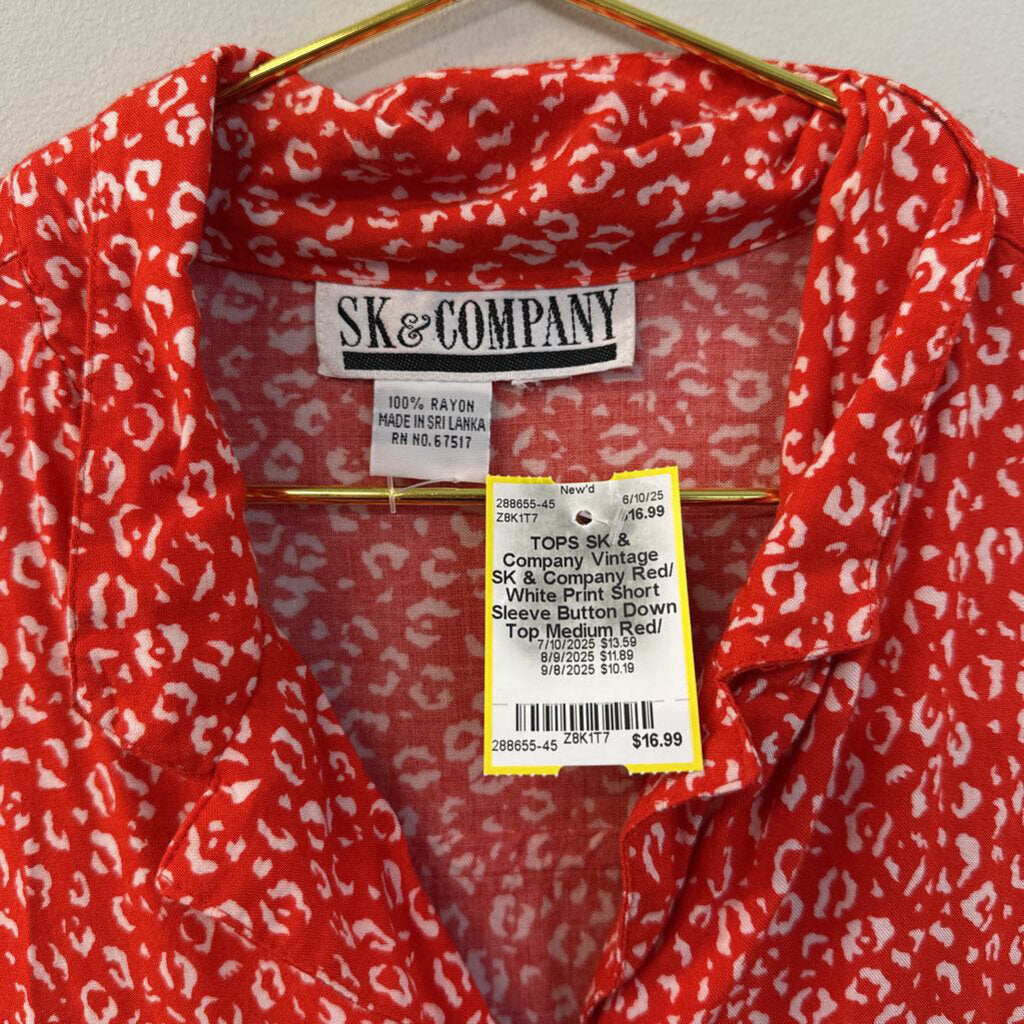 Vintage SK & Company Red/ White Print Short Sleeve Button Down Top Medium