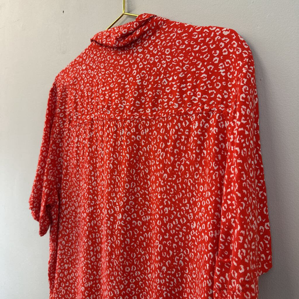 Vintage SK & Company Red/ White Print Short Sleeve Button Down Top Medium