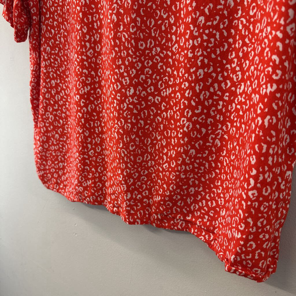 Vintage SK & Company Red/ White Print Short Sleeve Button Down Top Medium